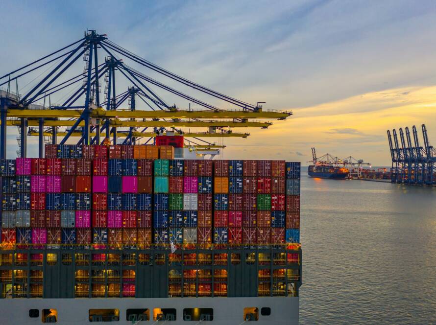 Container ship global business freight import export logistic transportation.